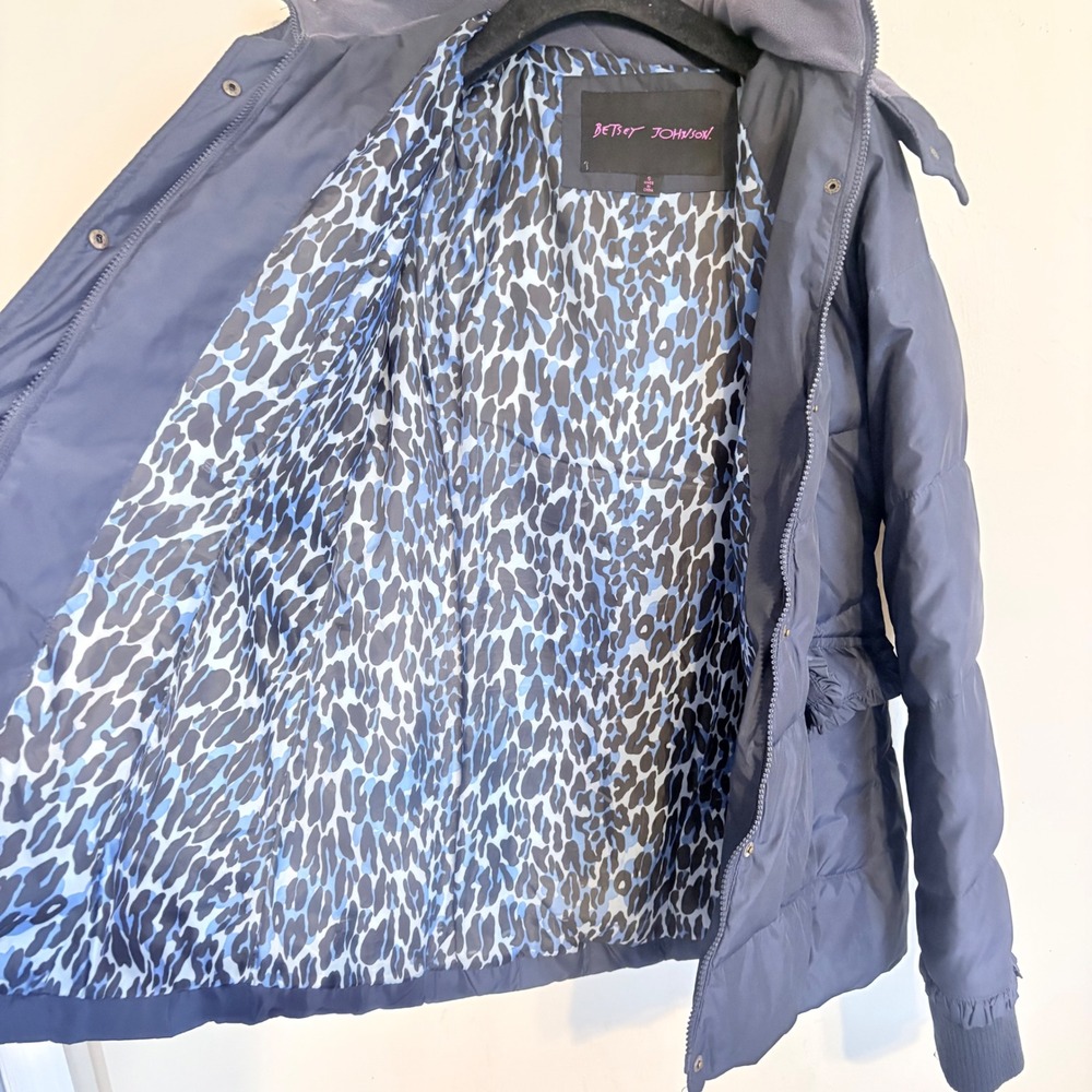Betsey Johnson Puffer Jacket Blue Faux Fur Trim Hood Down Fill Small - Picture 6 of 16